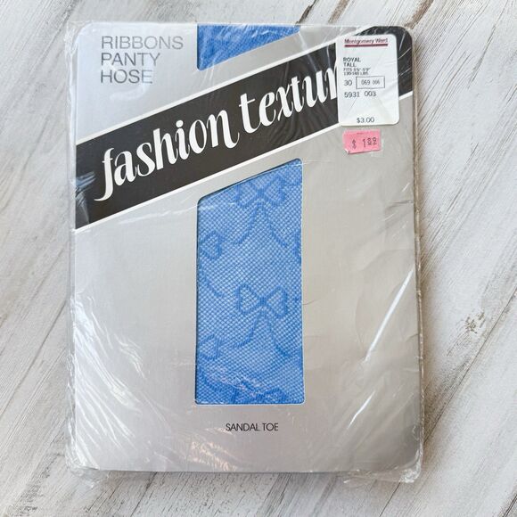 Vintage Montgomery Ward Blue Ribbons Pantyhose Sandal Toe Tall Royal Nylon NIP - Picture 1 of 6